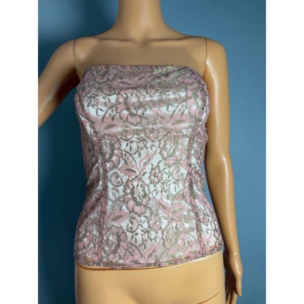 Express Womens S Pink Gold Lace Shimmer Strapless Bustier Corset Top New Tags.